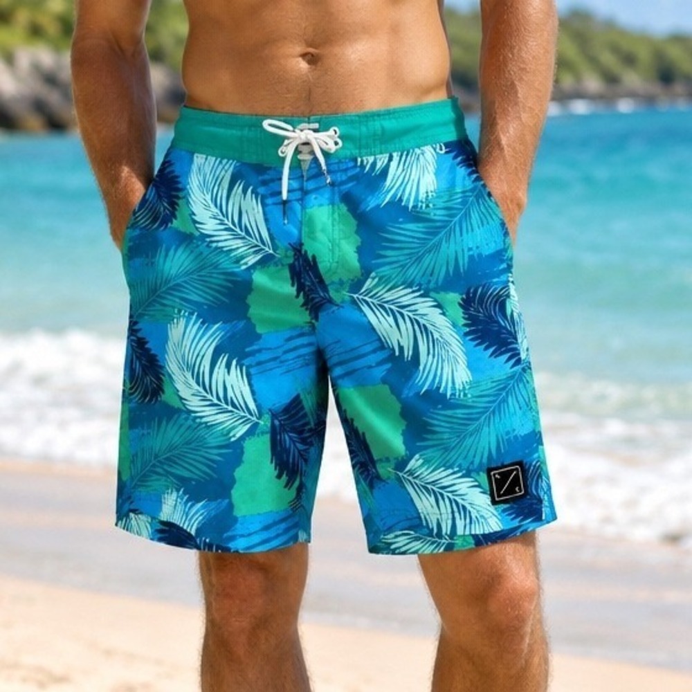 American Eagle Board Shorts Mens Small Blue Teal Tropical Palm Leaf Swim Trunks